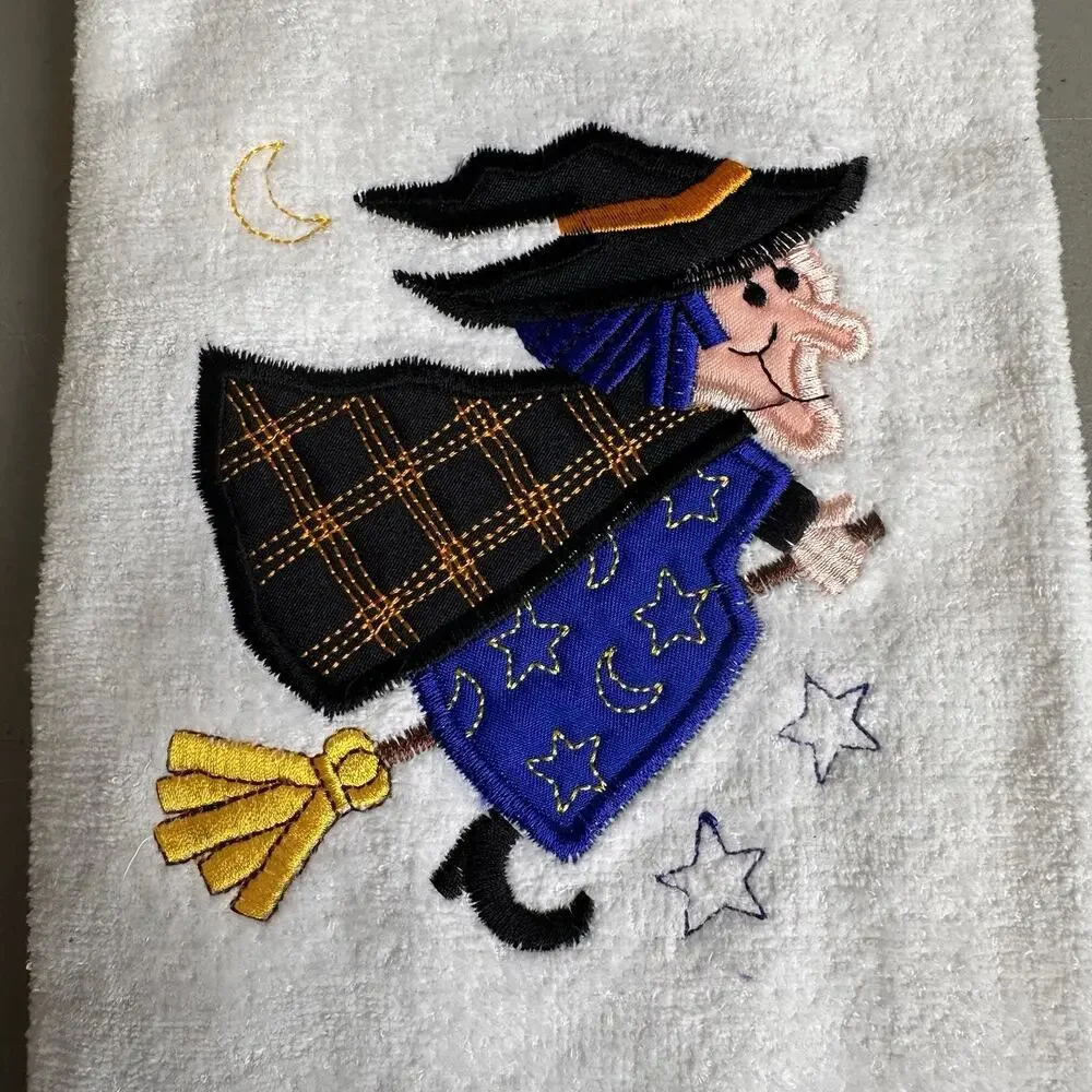 Vintage Decorative Halloween Hand Towel Witch Embroidered Fringe White New